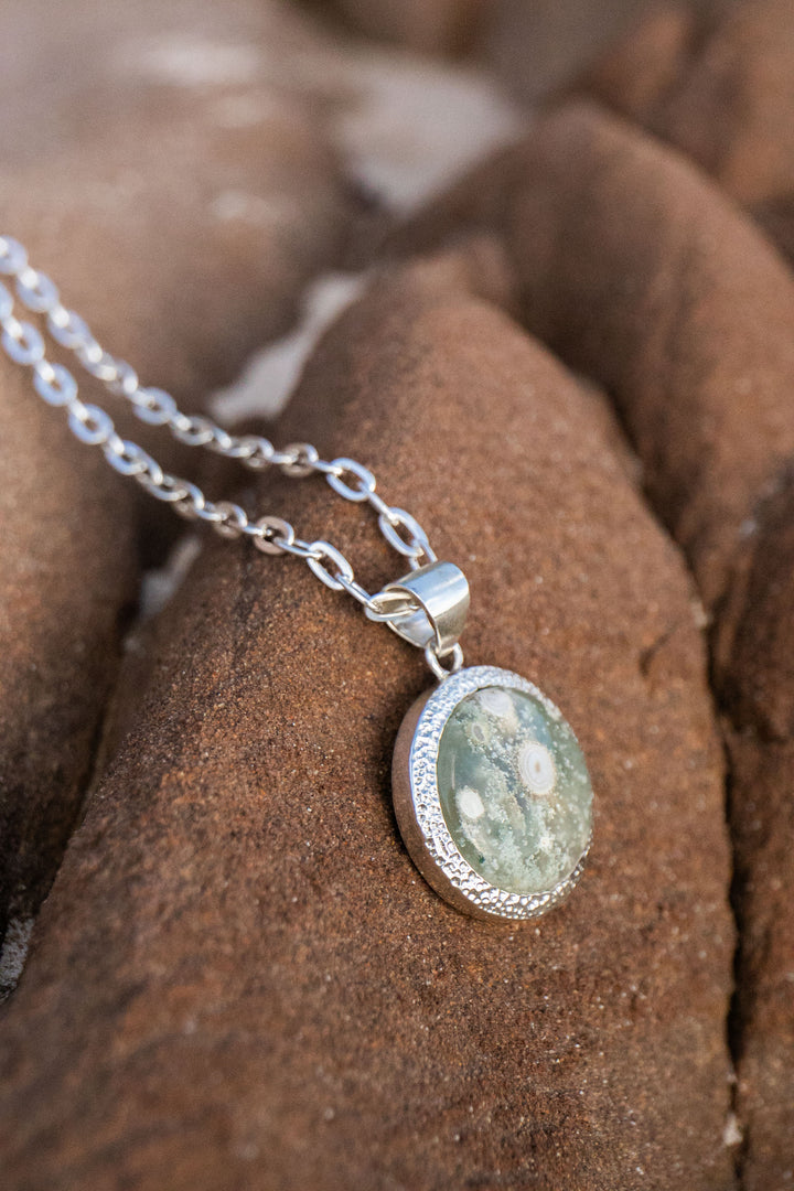 Ocean Jasper Pendant set in Unique Sterling Silver Setting