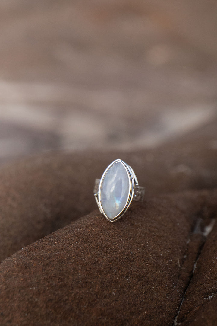 Ellipse Rainbow Moonstone Ring in Unique Sterling Silver Setting - Size 7 US