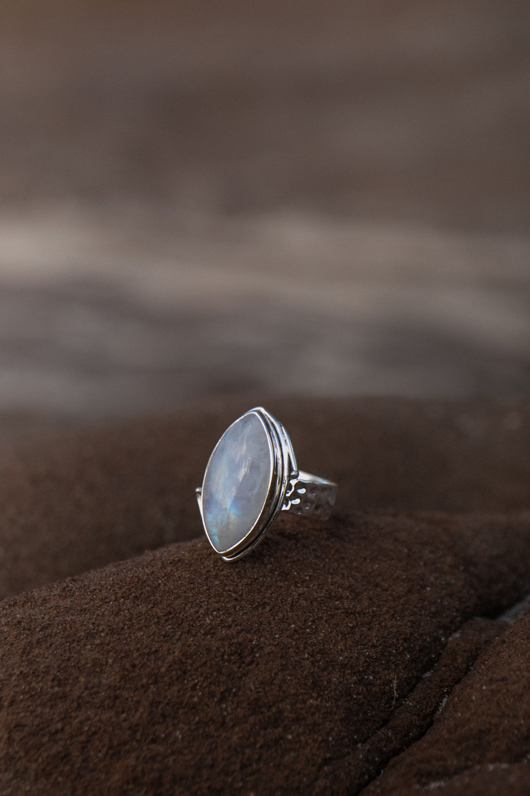 Ellipse Rainbow Moonstone Ring in Unique Sterling Silver Setting - Size 7 US