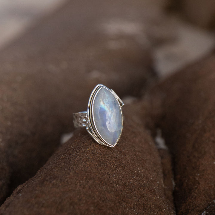 Ellipse Rainbow Moonstone Ring in Unique Sterling Silver Setting - Size 7 US