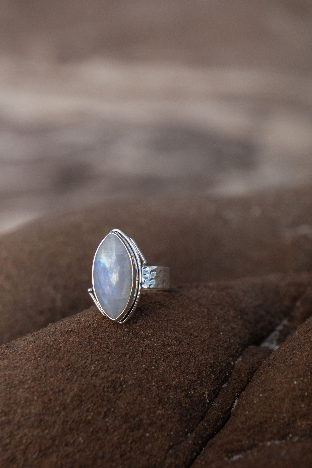 Ellipse Rainbow Moonstone Ring in Unique Sterling Silver Setting - Size 7 US