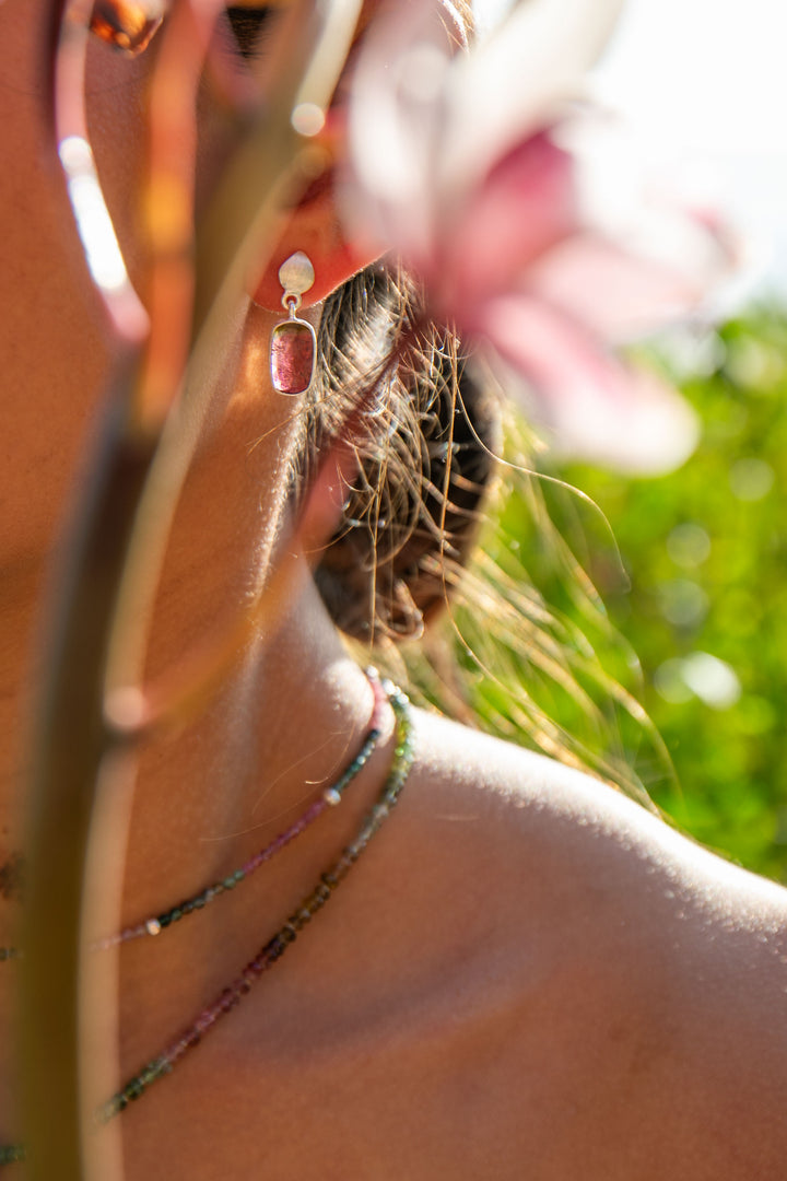 Watermelon Tourmaline Stud Drop Earrings in Brushed Sterling Silver