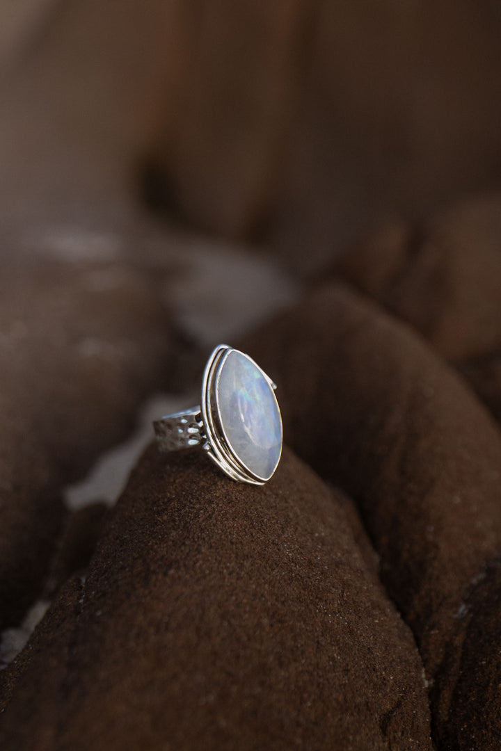 Ellipse Rainbow Moonstone Ring in Unique Sterling Silver Setting - Size 7 US