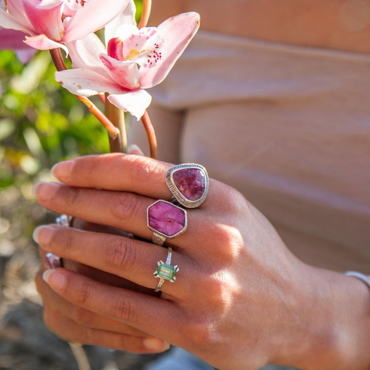 Rose Cut Pink Tourmaline Ring in Unique Sterling Silver Setting - Size 8 US