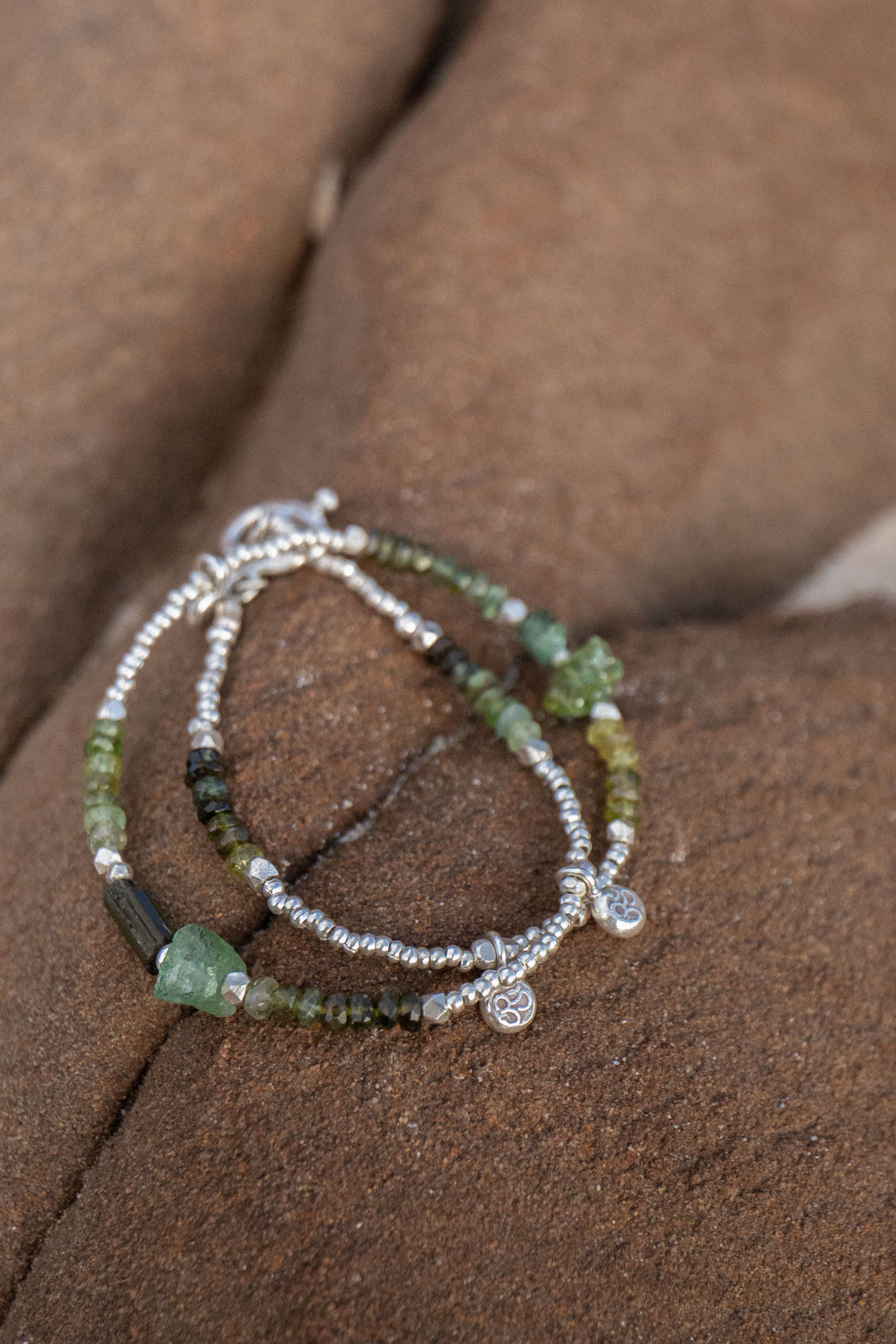 Green Tourmaline Wrap Bracelet with Thai Hill Tribe Silver