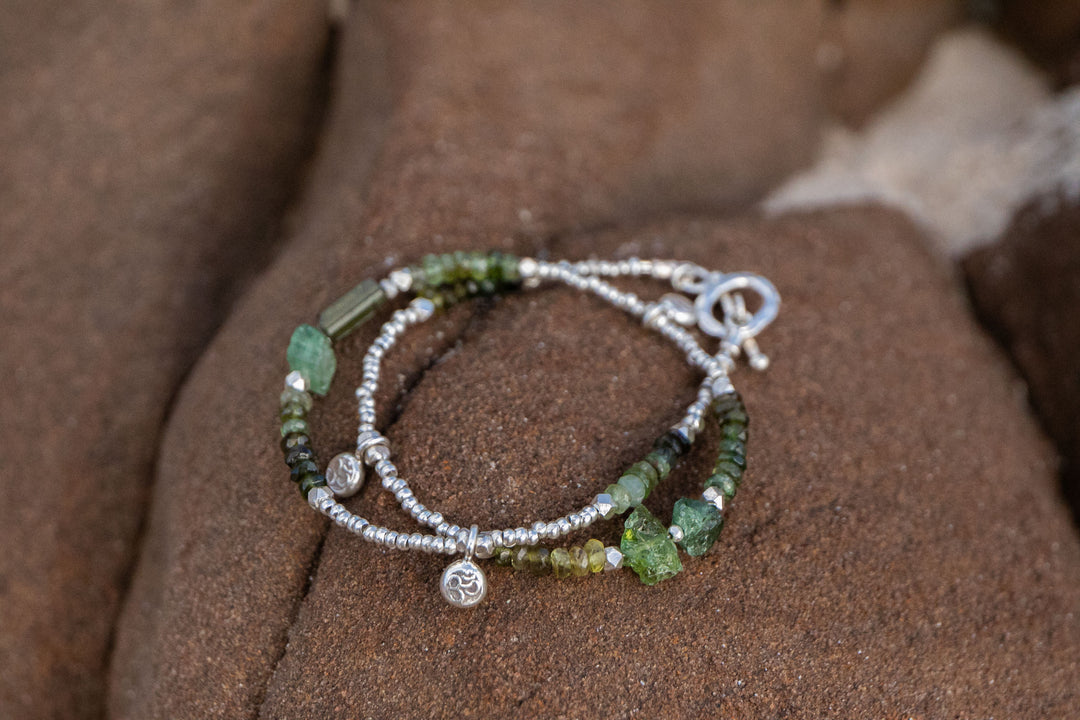 Green Tourmaline Wrap Bracelet with Thai Hill Tribe Silver