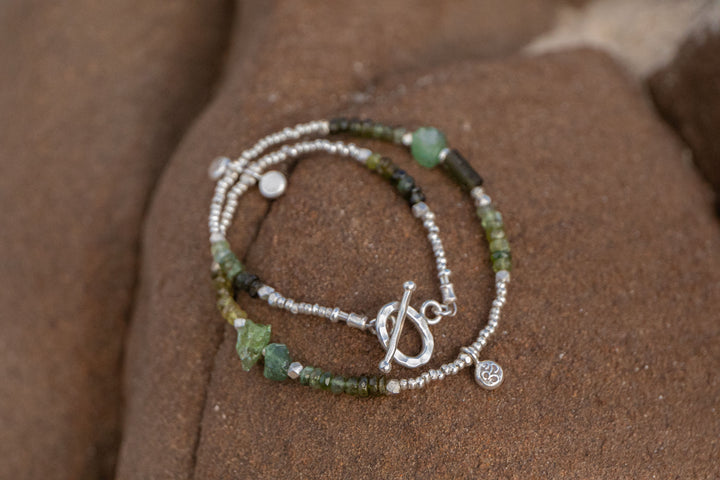 Green Tourmaline Wrap Bracelet with Thai Hill Tribe Silver