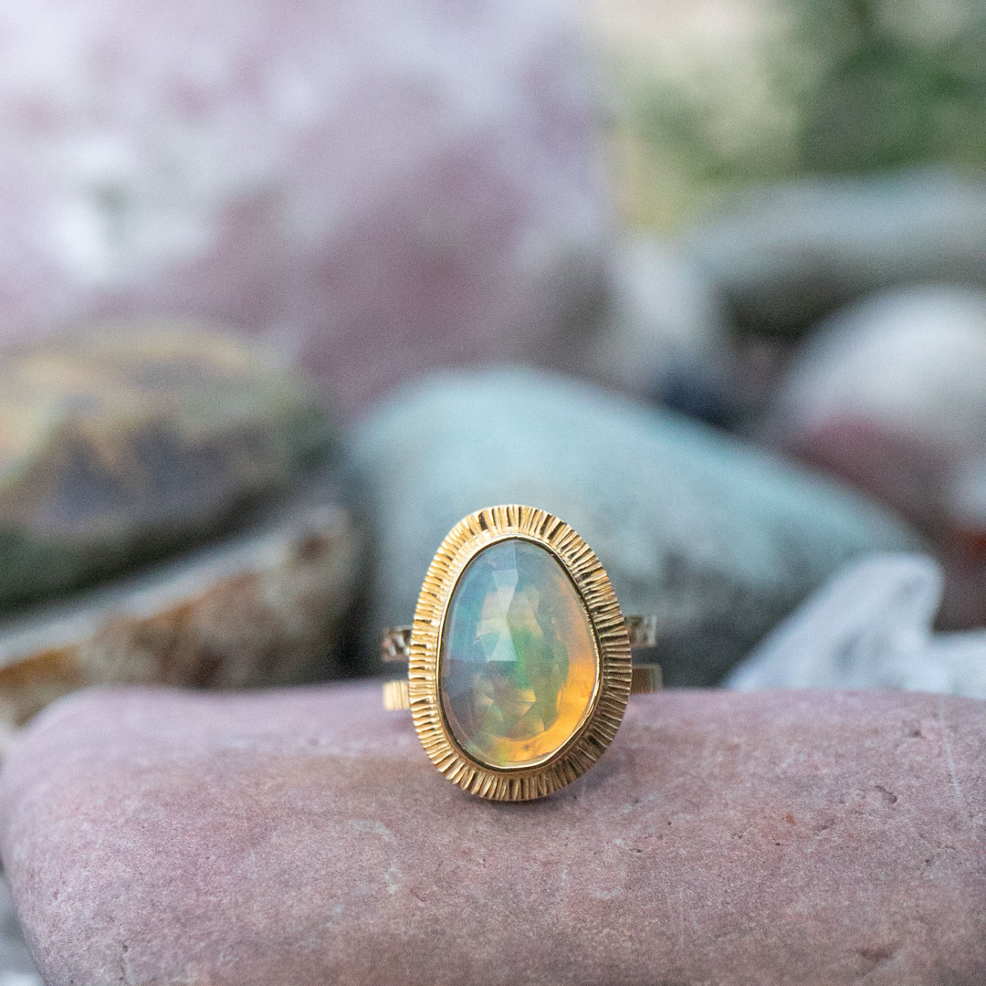 Stunning Ethiopian Opal Ring set in Unique 14k Gold Plated Sterling Silver - Size 9 US
