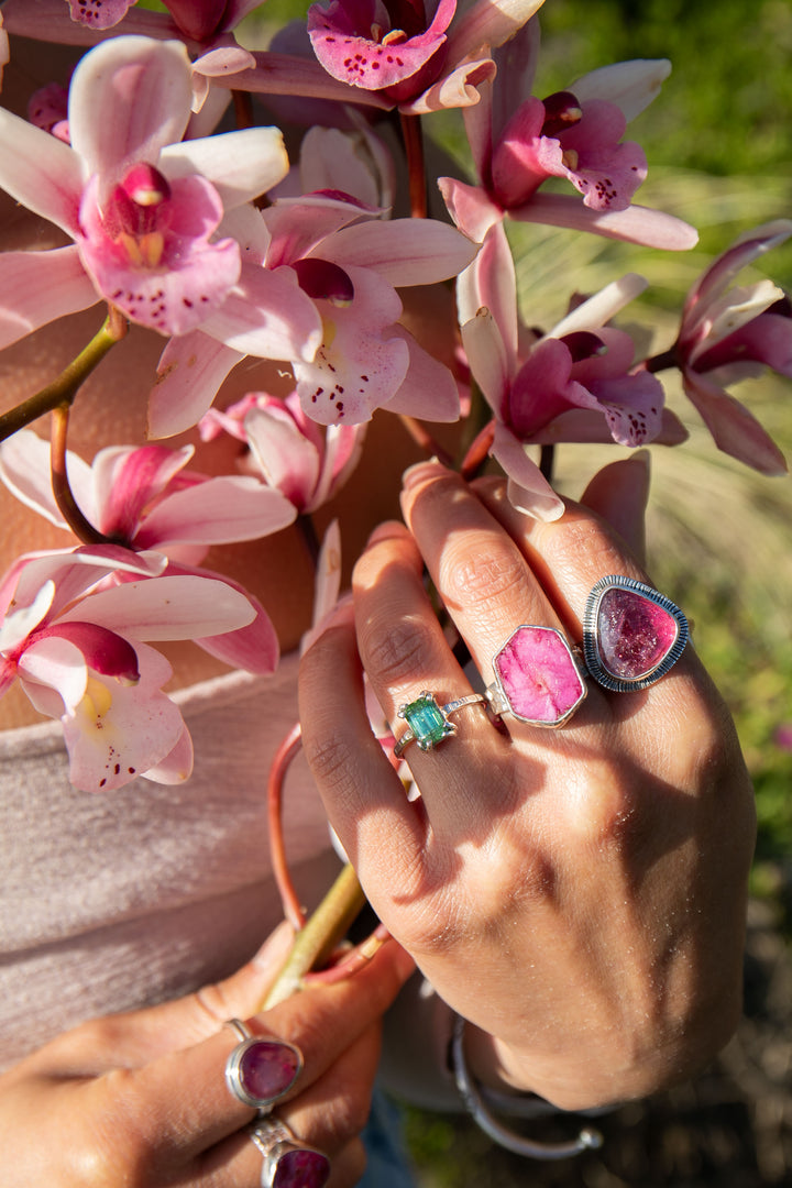 Rose Cut Pink Tourmaline Ring in Unique Sterling Silver Setting - Size 8 US