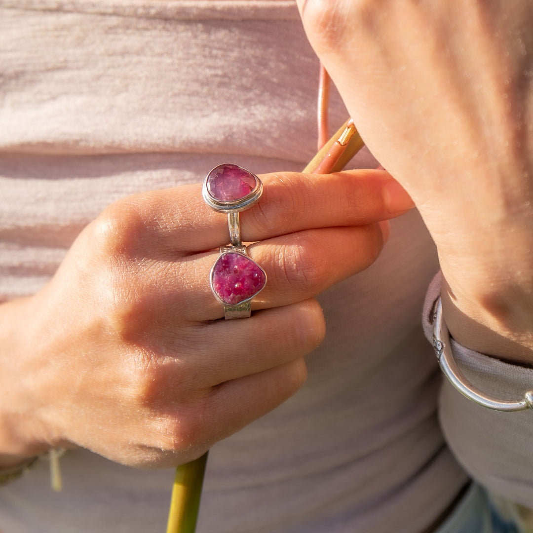 Raw Ruby Ring in Beaten Sterling Silver Setting - Size 7 US