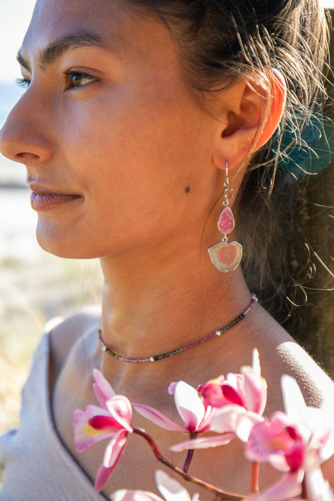 One of a Kind Raw and Rose Cut Watermelon Tourmaline and Cobalto Calcite Drop Earrings in Sterling Silver