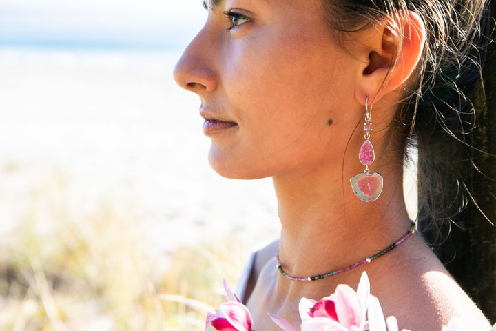 One of a Kind Raw and Rose Cut Watermelon Tourmaline and Cobalto Calcite Drop Earrings in Sterling Silver