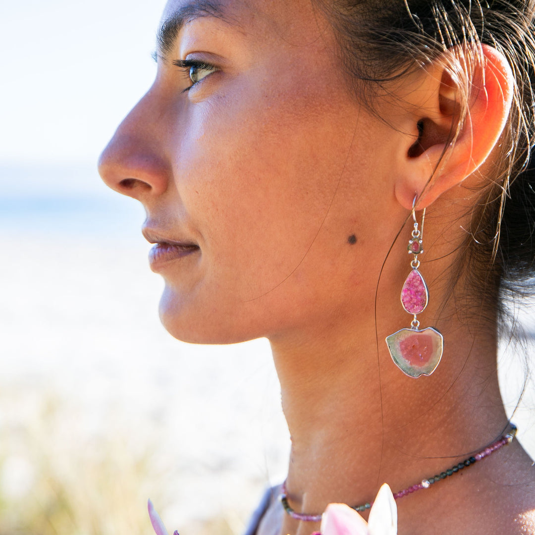 One of a Kind Raw and Rose Cut Watermelon Tourmaline and Cobalto Calcite Drop Earrings in Sterling Silver