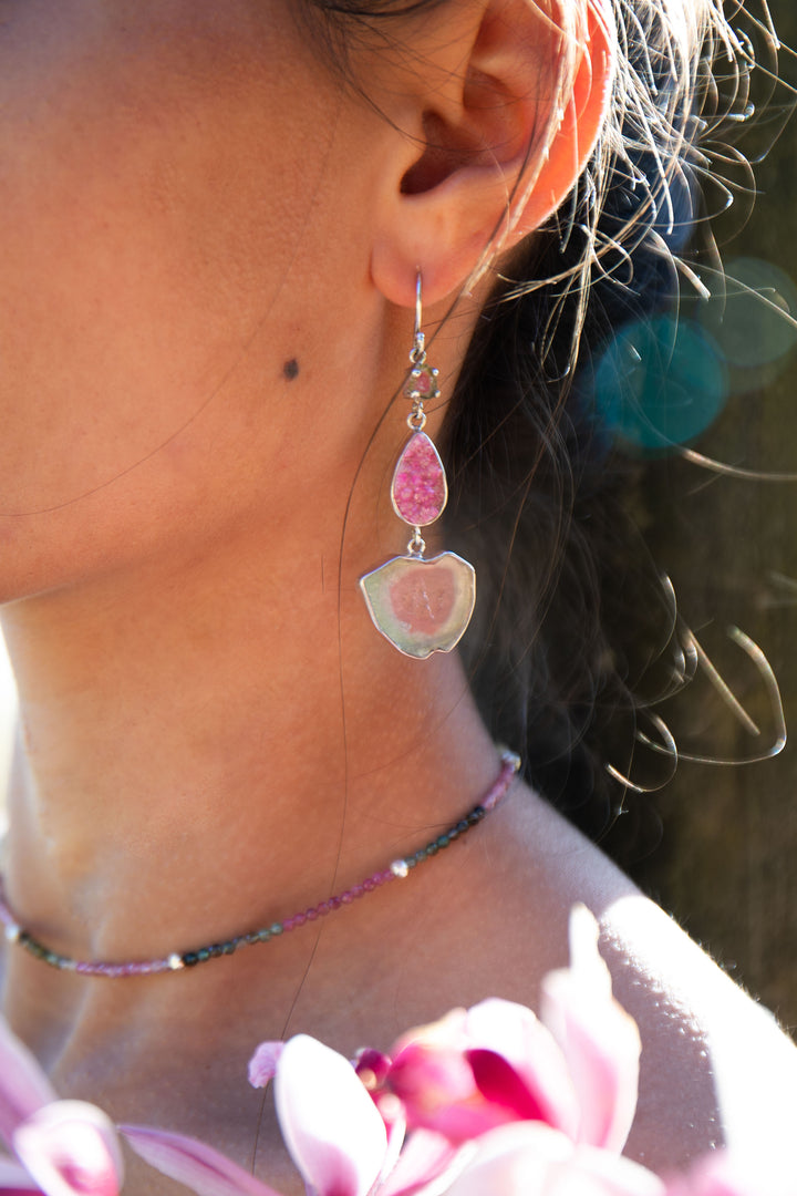One of a Kind Raw and Rose Cut Watermelon Tourmaline and Cobalto Calcite Drop Earrings in Sterling Silver