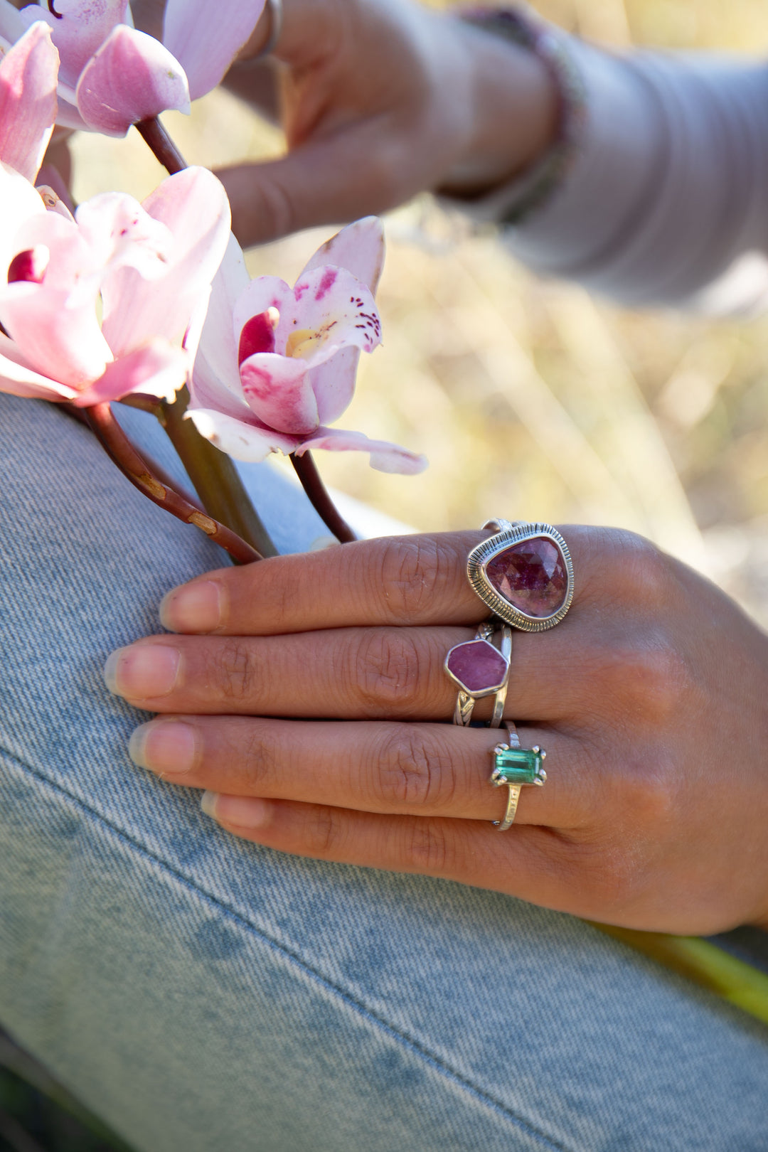 Rose Cut Pink Tourmaline Ring in Unique Sterling Silver Setting - Size 8 US