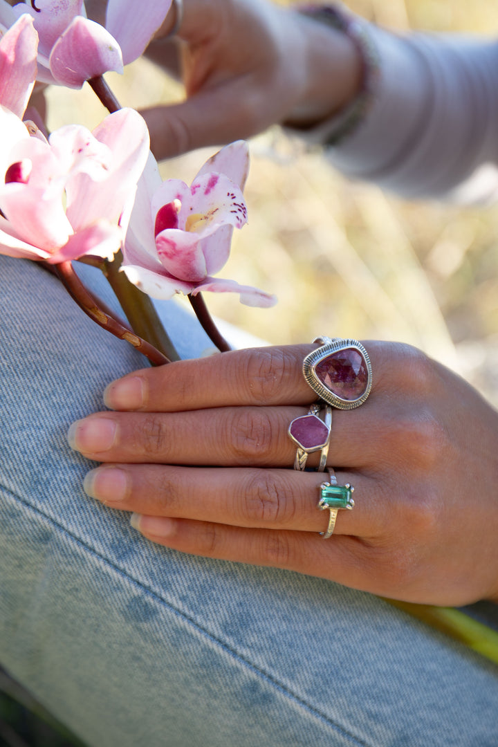 Rose Cut Pink Tourmaline Ring in Unique Sterling Silver Setting - Size 8 US