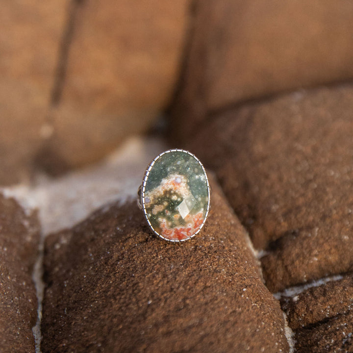 Ocean Jasper Ring in Beaten Sterling Silver - Size 7 US