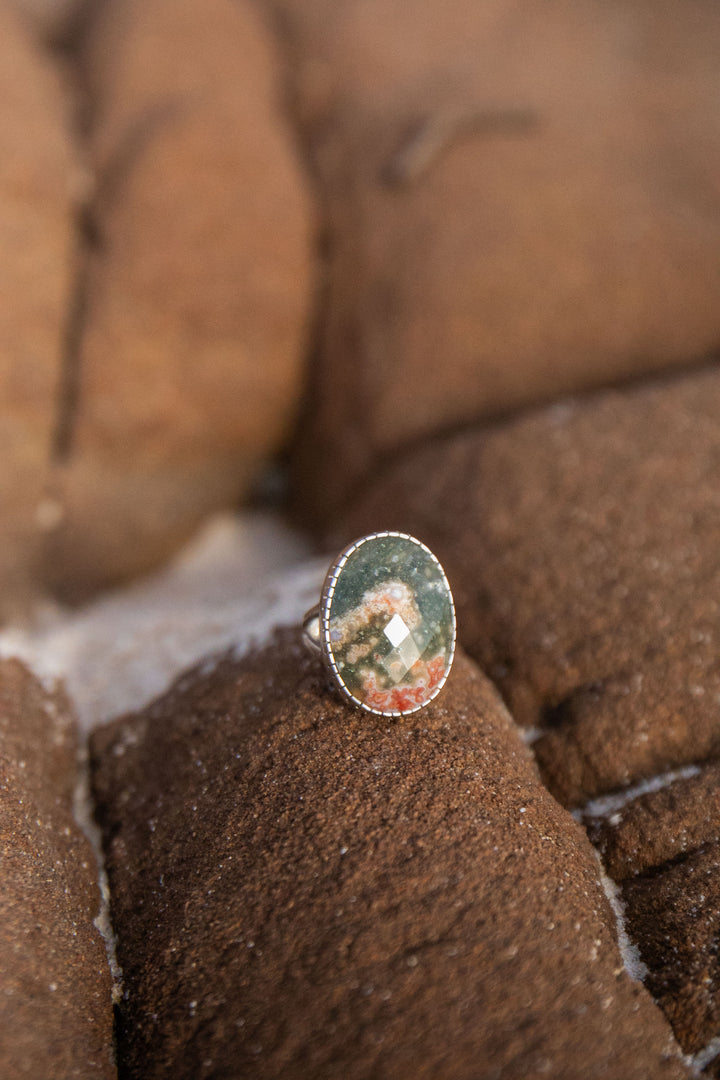 Ocean Jasper Ring in Beaten Sterling Silver - Size 7 US