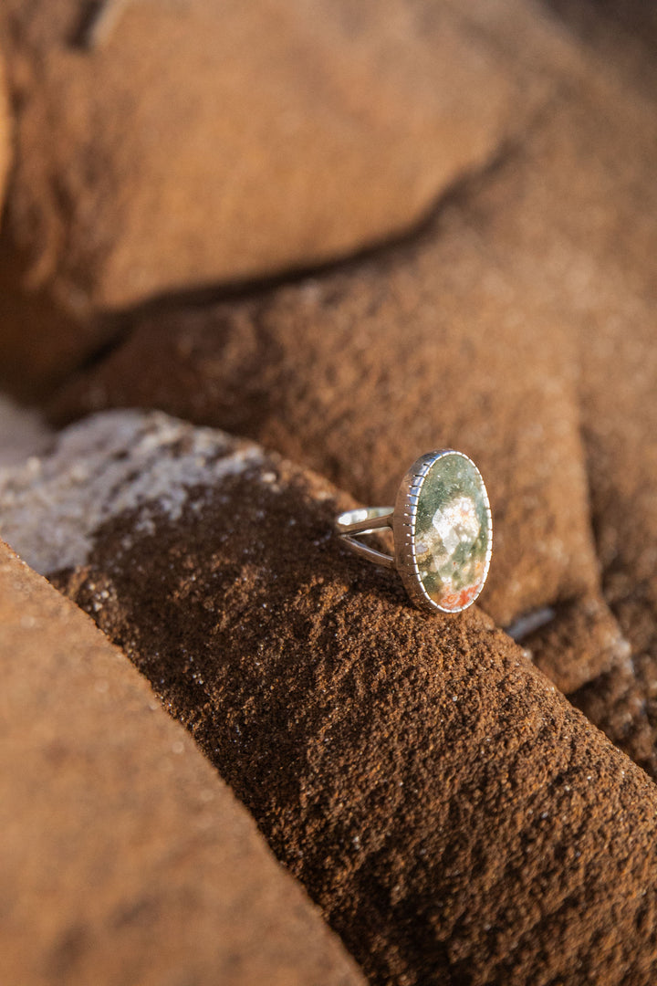 Ocean Jasper Ring in Beaten Sterling Silver - Size 7 US