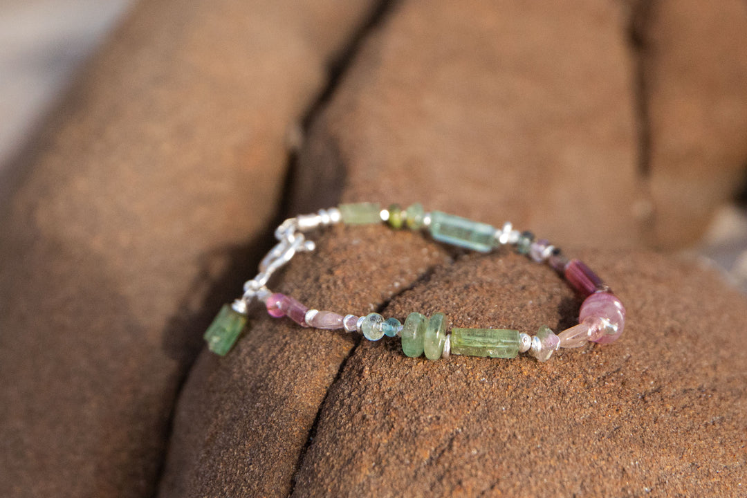 Watermelon Tourmaline Bracelet Handmade with Thai Hill Tribe Silver