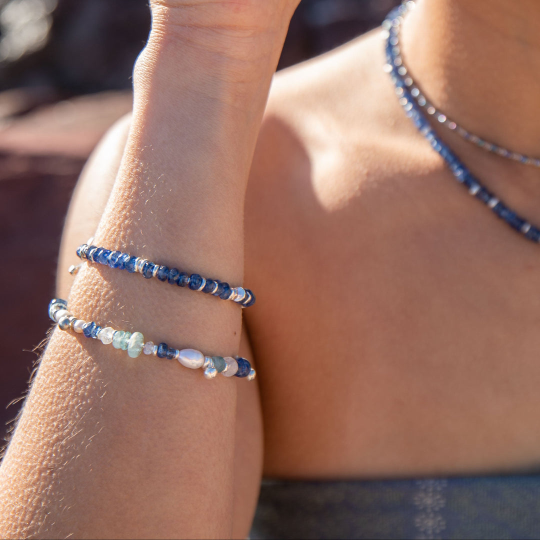 Kyanite, Moonstone, Aquamarine + Pearl Bracelet with Thai Hill Tribe Silver