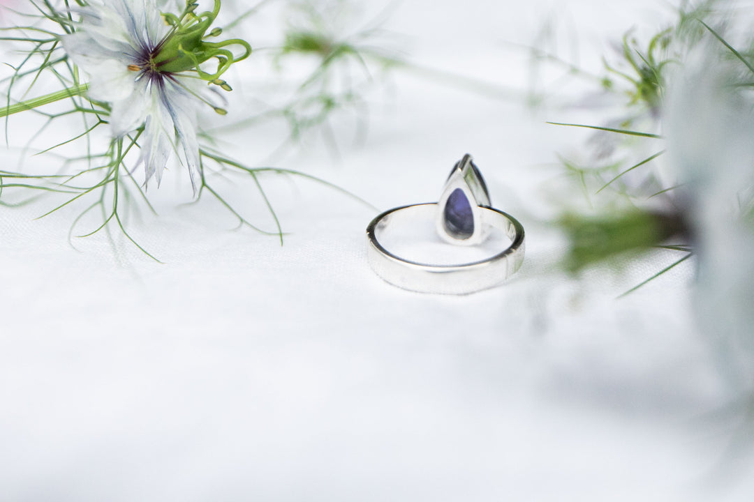 Teardrop Iolite Ring in Claw Set Sterling Silver - Size 8 US