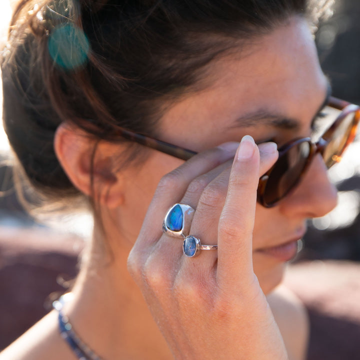 Australian Blue Opal Ring set in Beaten Sterling Silver Band - Size 8 US