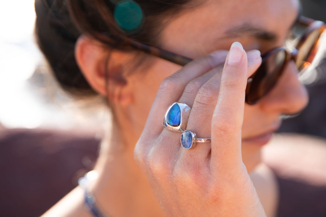 Australian Blue Opal Ring set in Beaten Sterling Silver Band - Size 8 US