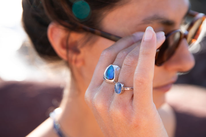 Australian Blue Opal Ring set in Beaten Sterling Silver Band - Size 8 US