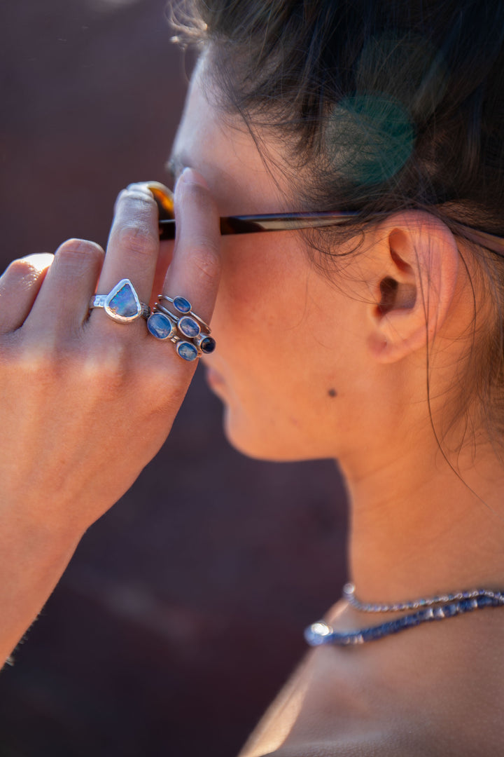 Australian Blue Opal Ring set in Beaten Sterling Silver Band - Size 6 3/4 US