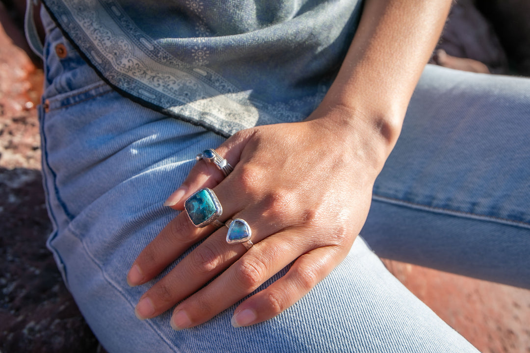 Shattuckite Ring in Beaten Sterling Silver Setting - Size 9 US