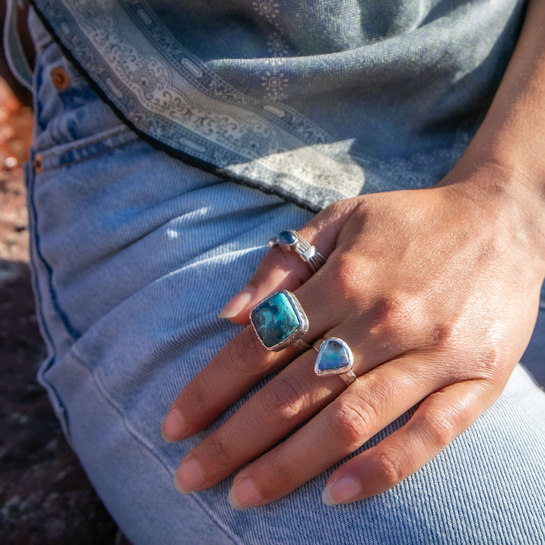 Australian Blue Opal Ring set in Beaten Sterling Silver Band - Size 6 3/4 US