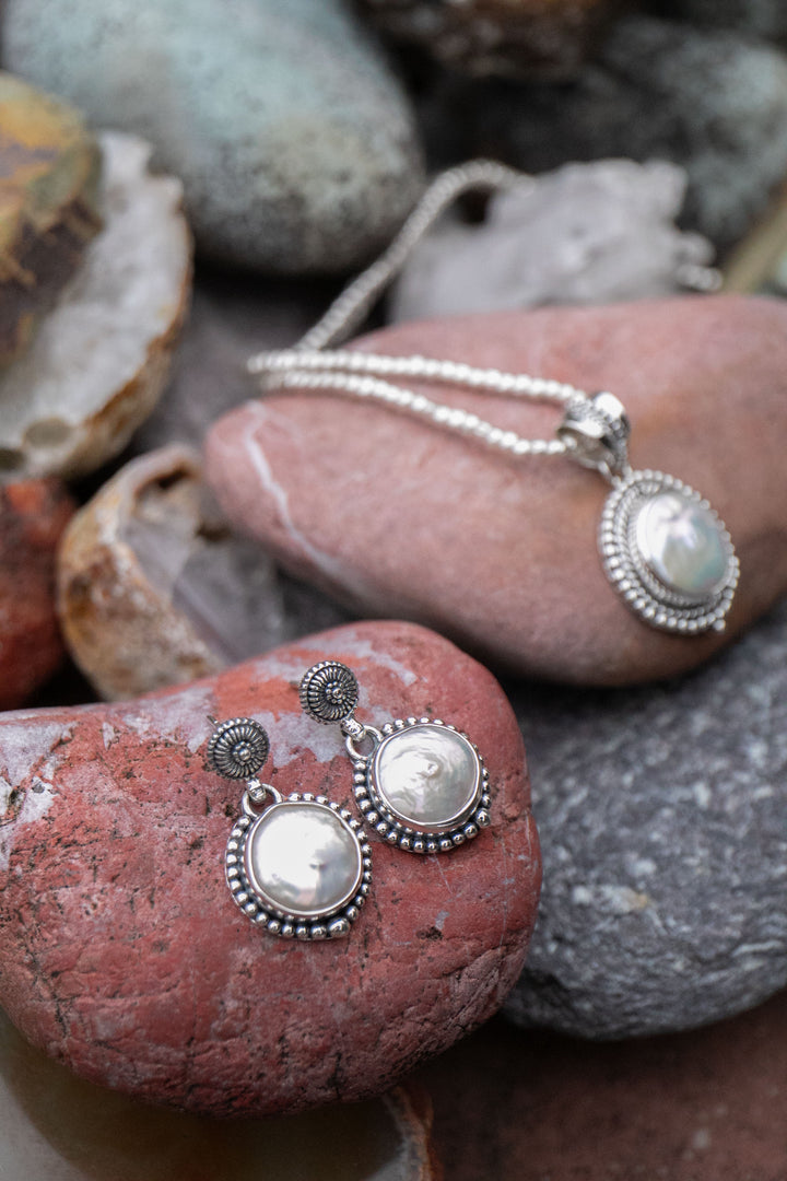 Freshwater Pearl Stud Earrings in Tribal Sterling Silver