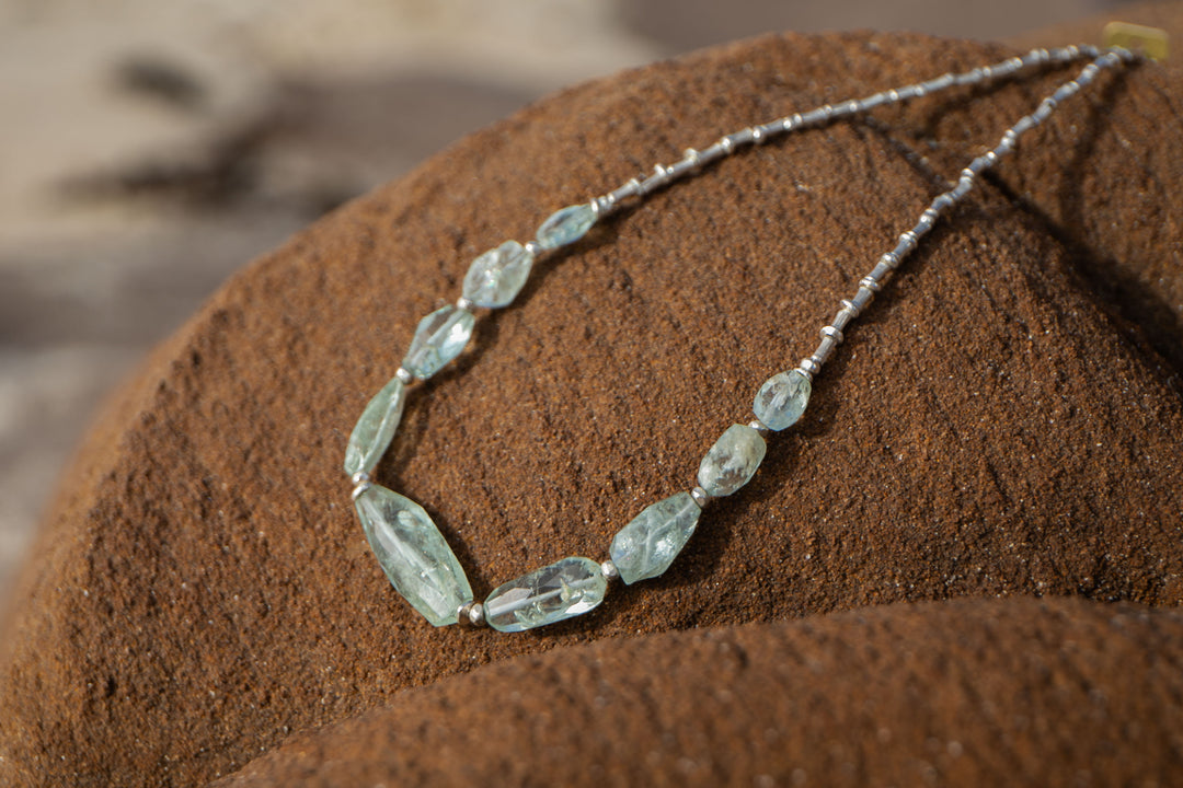 Faceted Aquamarine Necklace with Thai Hill Tribe Silver Beads