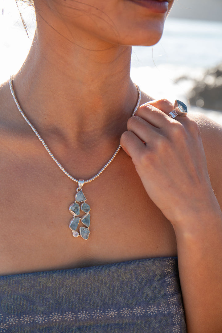 Raw Mozambique Aquamarine Pendant in Sterling Silver