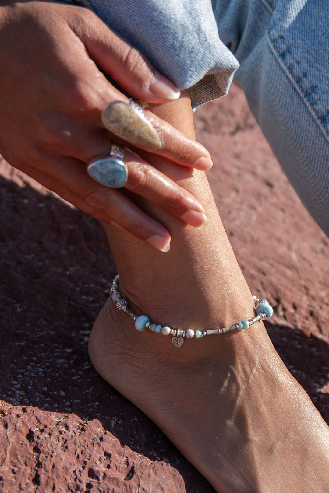 Teardrop Fossil Coral Ring in Beaten Sterling Silver - Adjustable