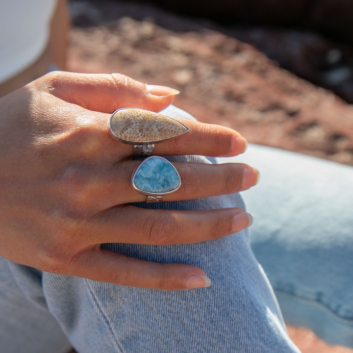 Teardrop Fossil Coral Ring in Beaten Sterling Silver - Adjustable