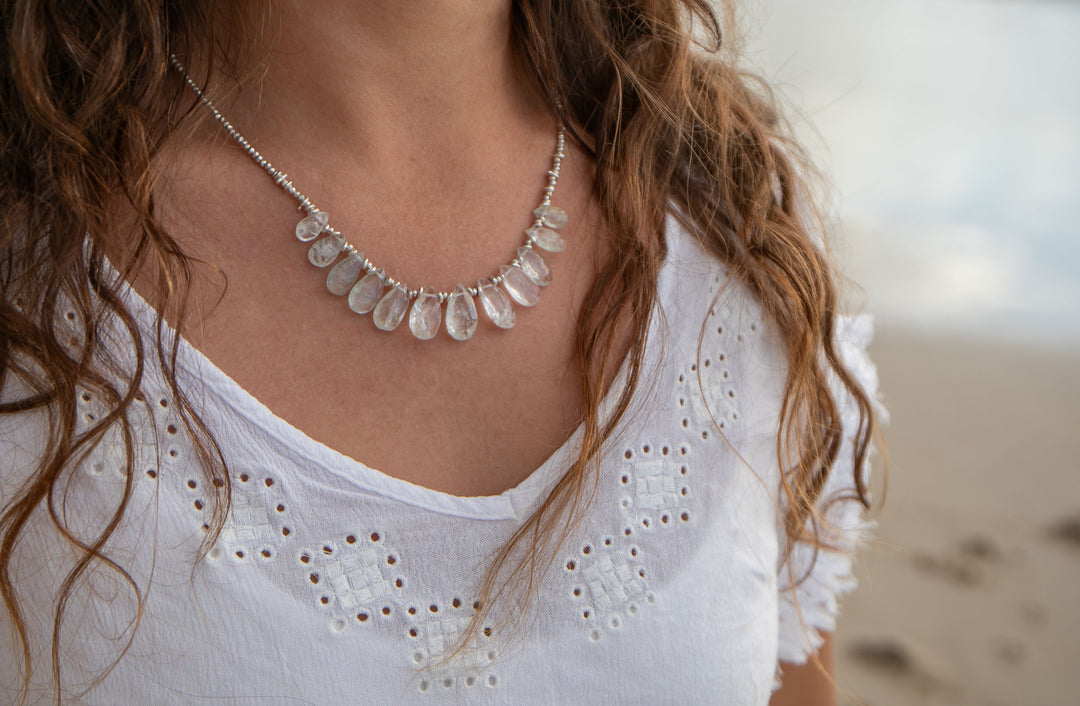 Faceted Teardrop Aquamarine Necklace with Thai Hill Tribe Silver Beads