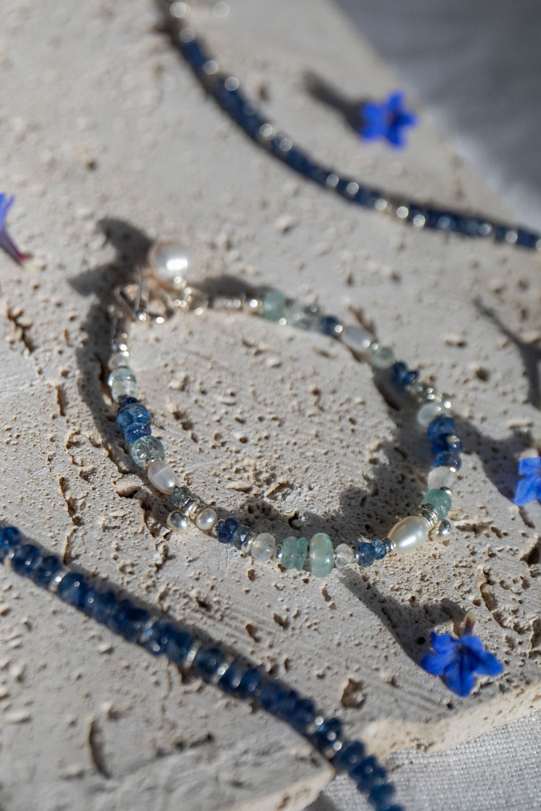 Kyanite, Moonstone, Aquamarine + Pearl Bracelet with Thai Hill Tribe Silver
