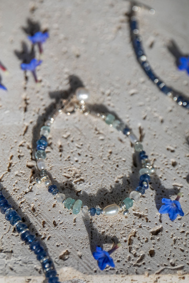 Kyanite, Moonstone, Aquamarine + Pearl Bracelet with Thai Hill Tribe Silver