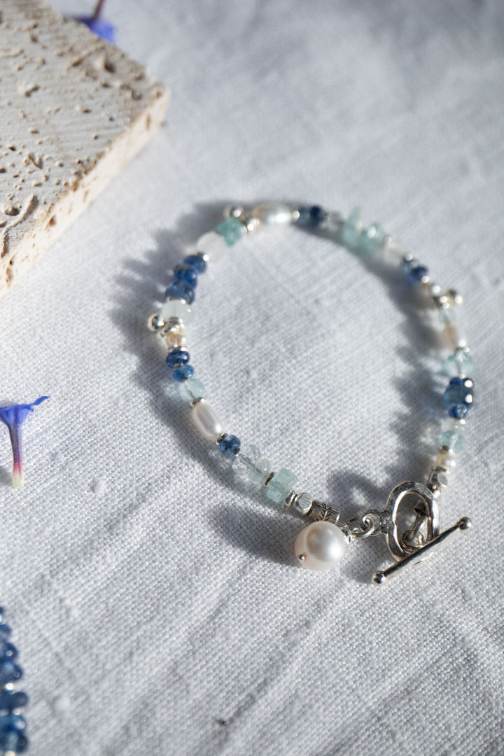 Kyanite, Moonstone, Aquamarine + Pearl Bracelet with Thai Hill Tribe Silver