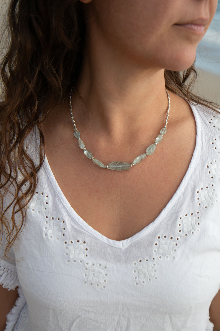 Faceted Aquamarine Necklace with Thai Hill Tribe Silver Beads