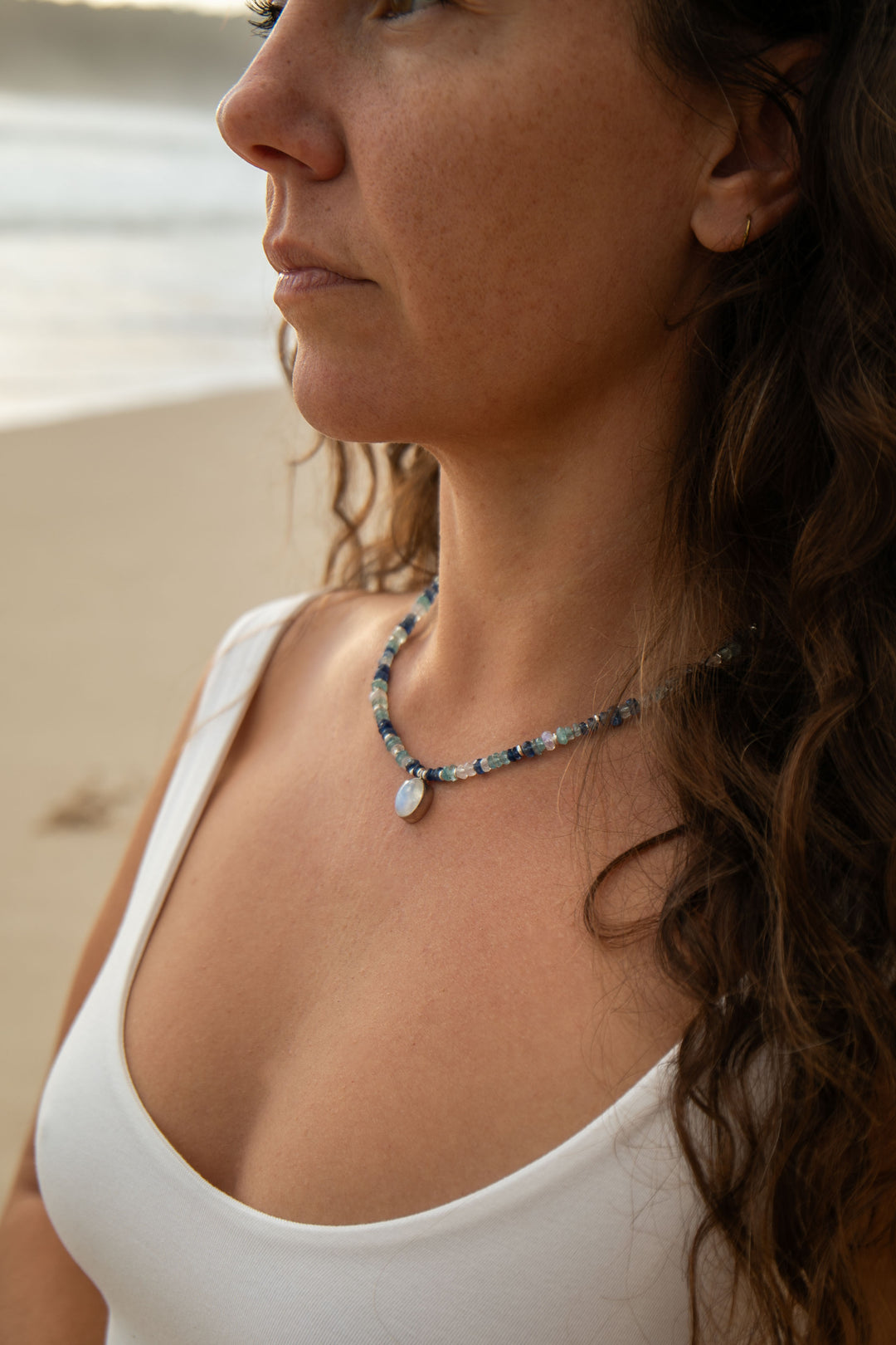 Blue Kyanite, Rainbow Moonstone and Aquamarine Choker Style Necklace