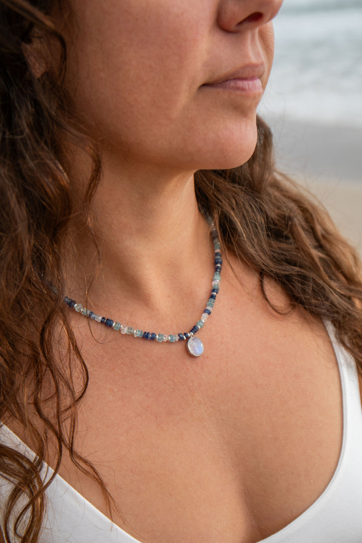 Blue Kyanite, Rainbow Moonstone and Aquamarine Choker Style Necklace