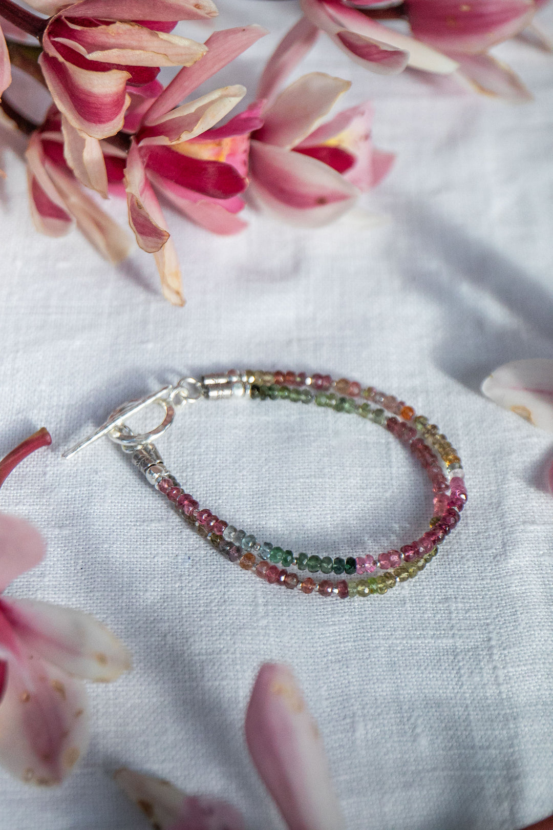 Double Watermelon Tourmaline Bracelet with Thai Hill Tribe Silver