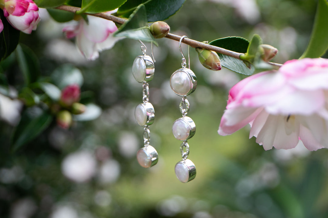 Triple Drop Freshwater Pearl Earrings in Sterling Silver Setting