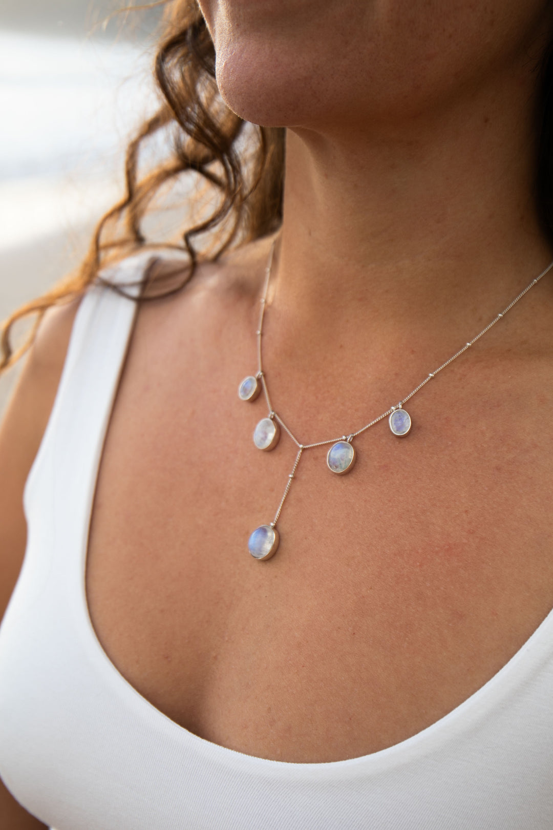 Delicate Rainbow Moonstone Necklace on Sterling Silver Chain