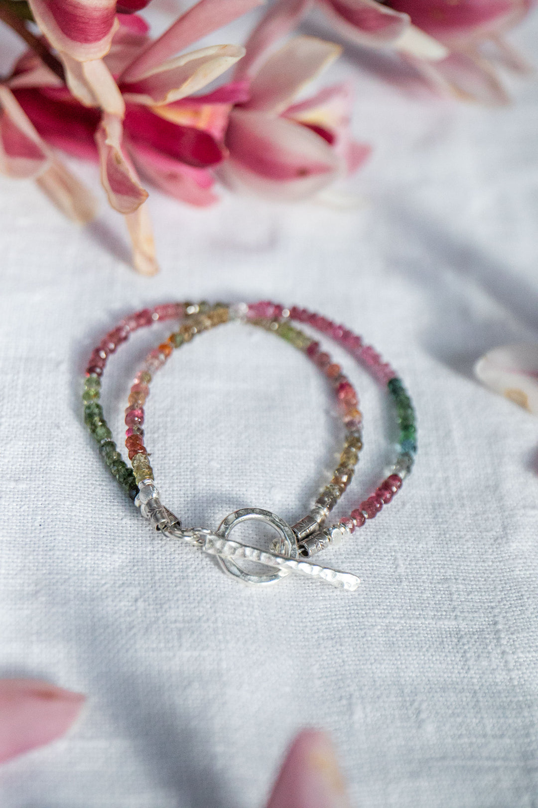 Double Watermelon Tourmaline Bracelet with Thai Hill Tribe Silver