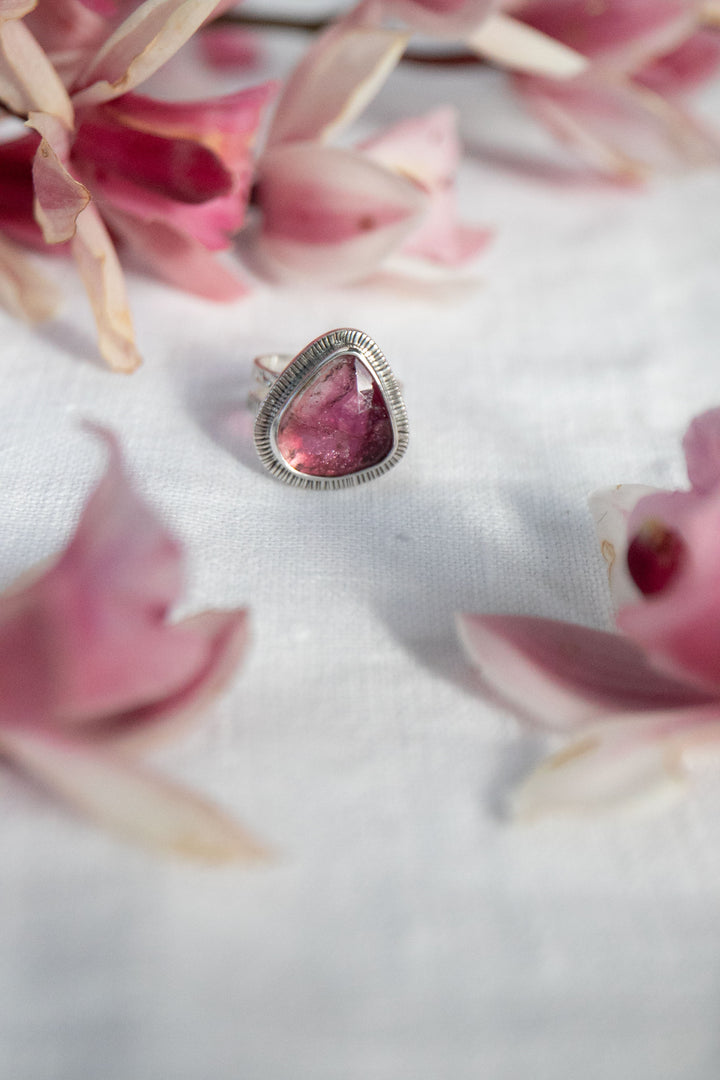 Rose Cut Pink Tourmaline Ring in Unique Sterling Silver Setting - Size 8 US