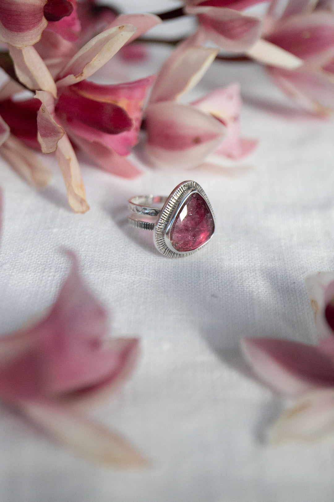 Rose Cut Pink Tourmaline Ring in Unique Sterling Silver Setting - Size 8 US